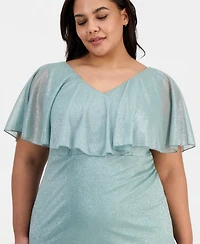 Connected Plus Cape-Overlay V-Neck Glitter Dress