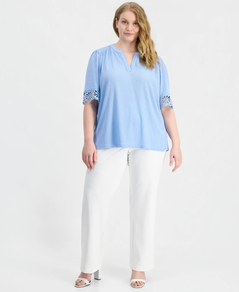Anne Klein Plus Split-Neck Lace-Trim Elbow-Sleeve Top