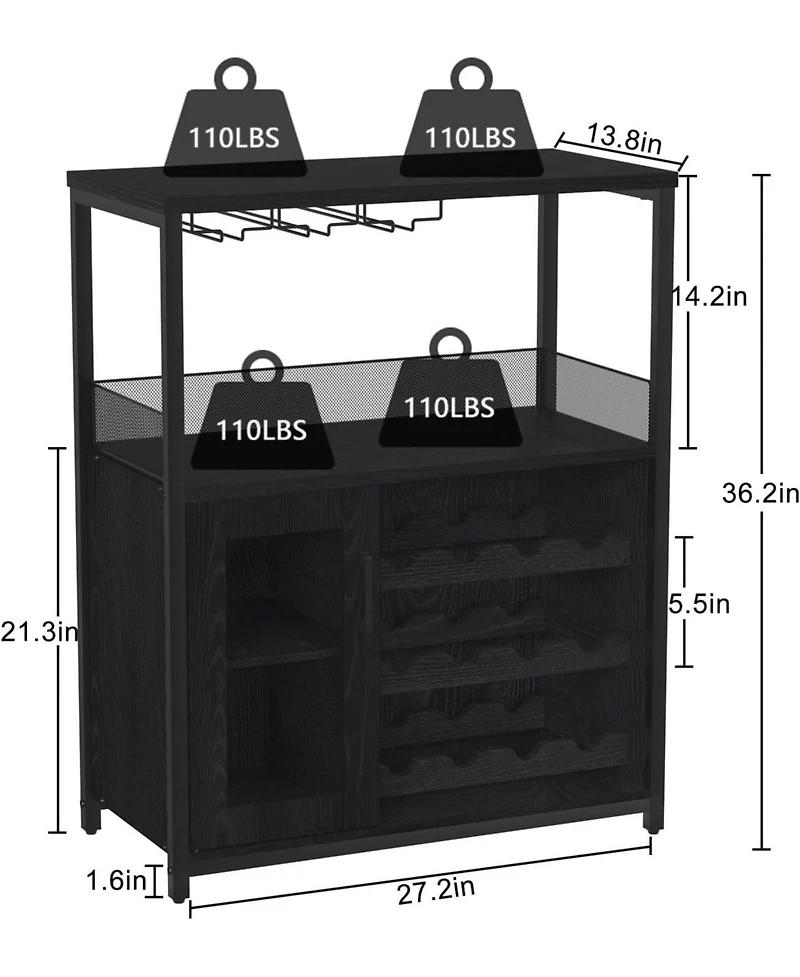 gaomon 3-Tier Wine Bar Cabinet with Detachable Wine Rack and Drawer Industrial Sideboard and Buffet Cabinet with Glass Holder and Mesh Door