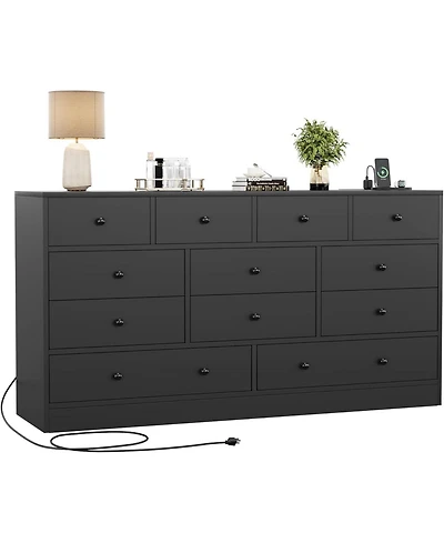 gaomon 12 Drawer 61in Modern Black Dresser with Charging Station, Large Tv Stand Storage Organizer for Bedroom Nursery Living Room