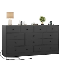 gaomon 12 Drawer 61in Modern Black Dresser with Charging Station, Large Tv Stand Storage Organizer for Bedroom Nursery Living Room