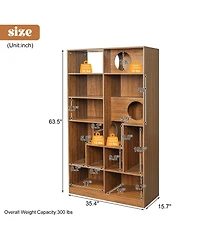 Rainsken 2 In 1 Wood Bookshelf Cat House for Cat Lover, Cat Tree Display Case