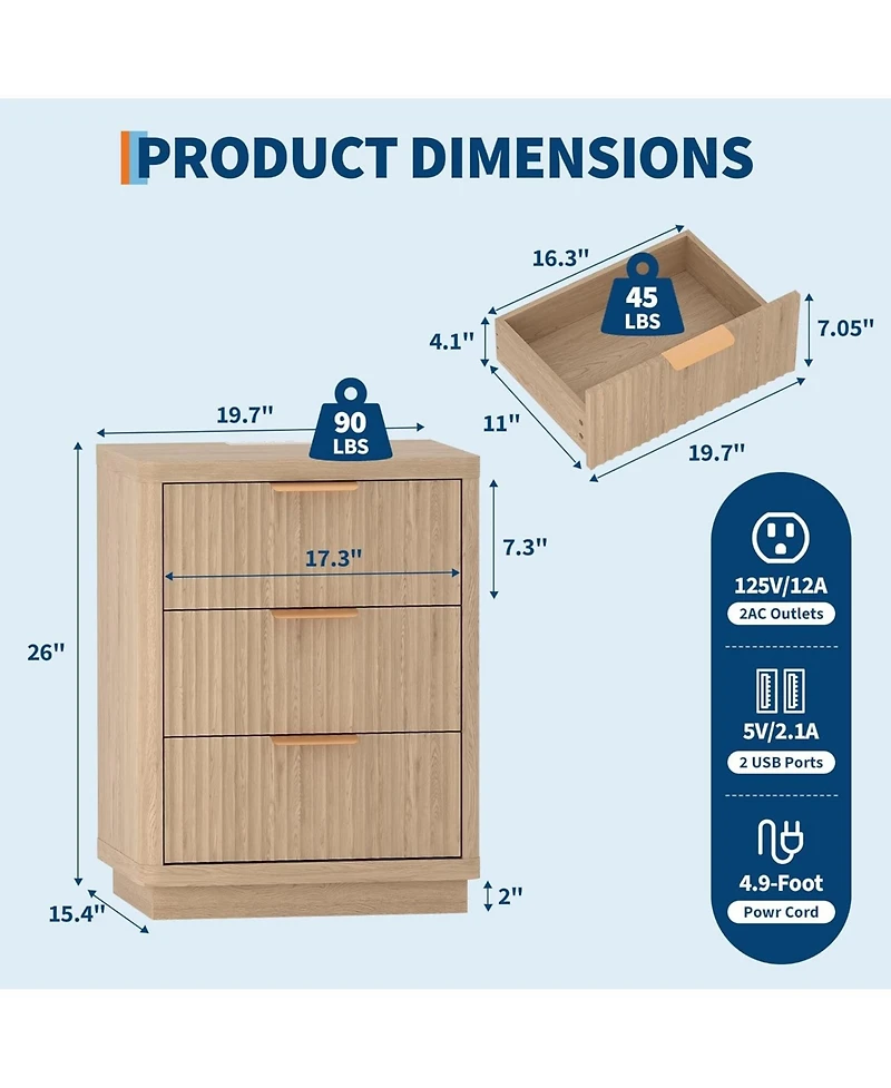 gaomon Fluted Nightstand with Charging Station, Mid Century Modern Fluted Nightstand