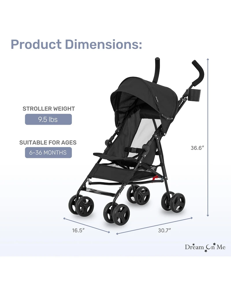 Dream On Me Toddler Rover Stroller: Lightweight, compact travel umbrella stroller. One-hand fold, lockable rear wheels, adjustable canopy, & 3-point h