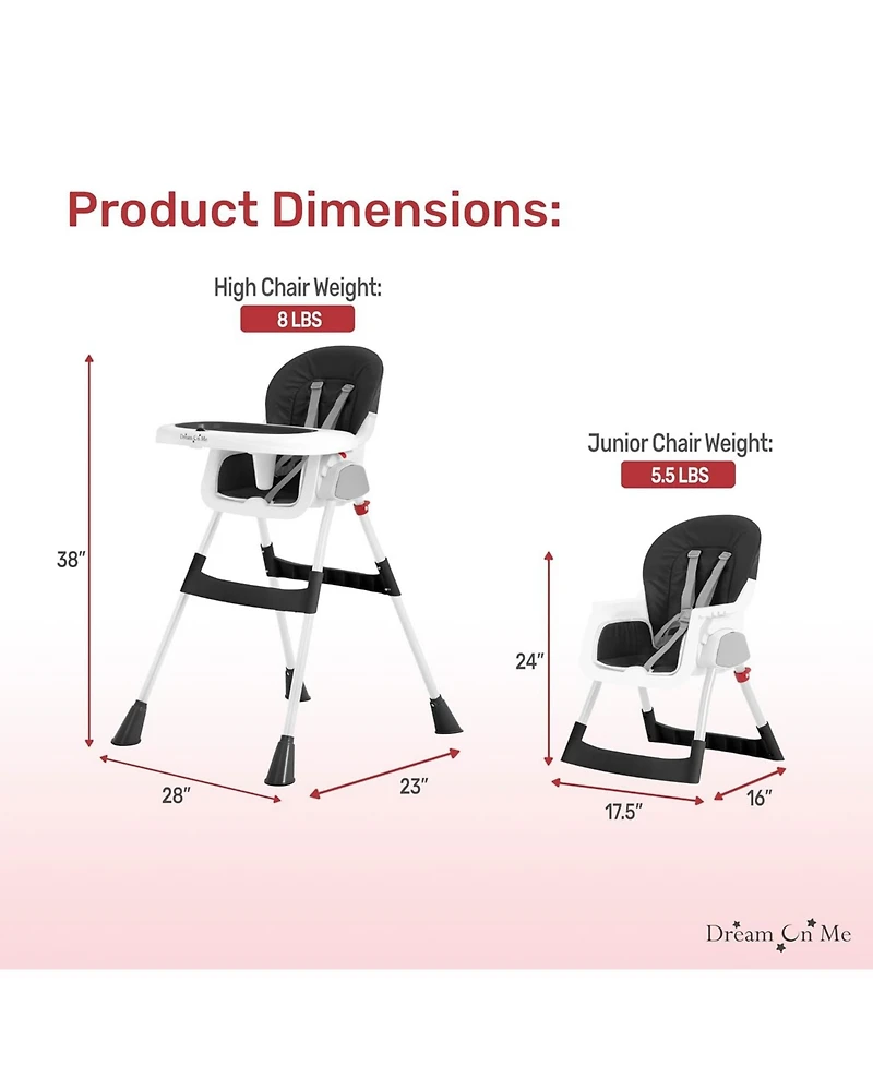 Dream On Me Baby TableTalk 2-in-1: High chair to junior chair conversion. Features a padded seat, dual trays, and a quick-fold steel frame