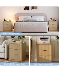 gaomon Fluted Nightstand with Charging Station, Bedside Table with 3 Drawers Storage Space.