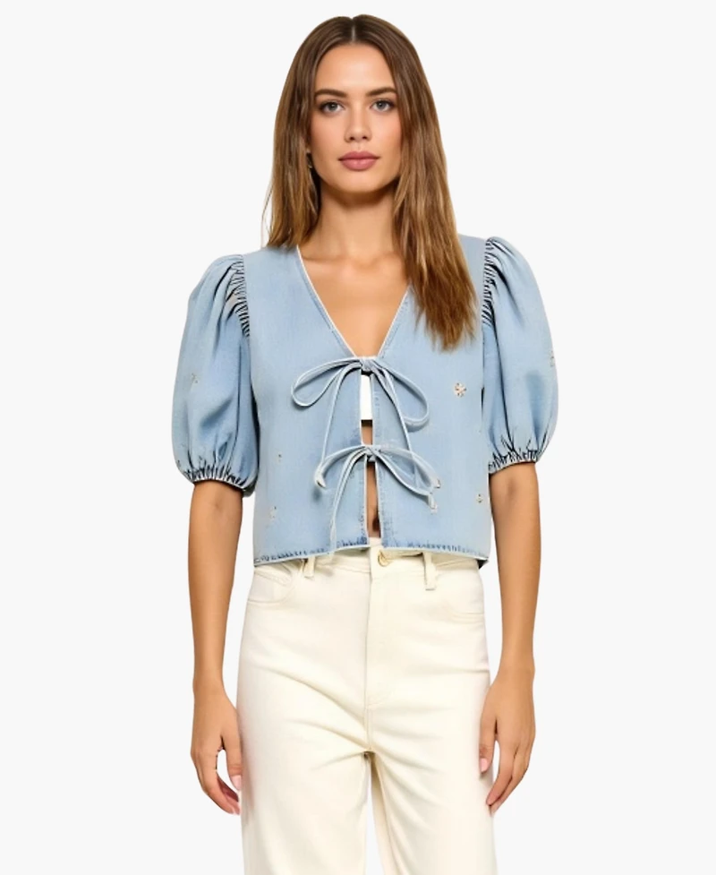 Modenaire Women's Embroidered Puff Sleeve V-Neck Tie-Front Top