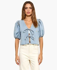 Modenaire Women's Embroidered Puff Sleeve V-Neck Tie-Front Top