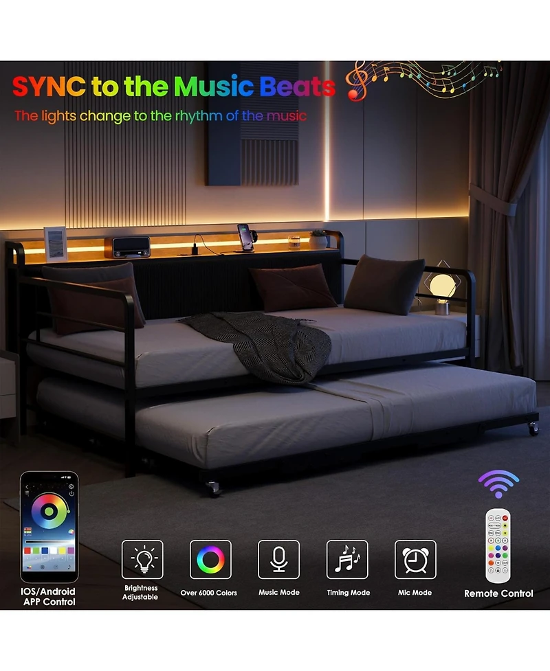 gaomon Daybed with Trundle & Led Light, Sturdy Metal Frame, Corduroy Headboard, Usb Charging