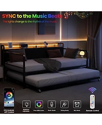 gaomon Daybed with Trundle & Led Light, Sturdy Metal Frame, Corduroy Headboard, Usb Charging