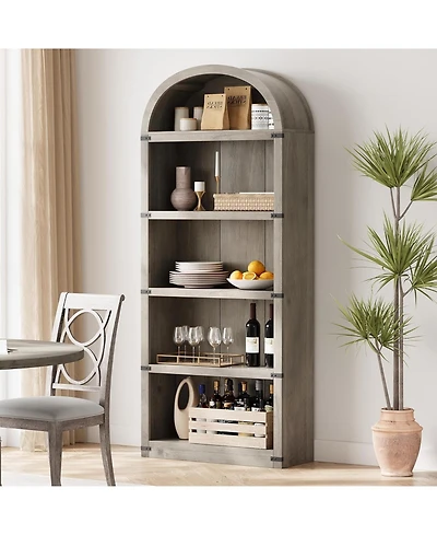 gaomon 71" Tall 5-Shelf Arched Bookcase – Farmhouse Wooden Bookshelf with Display Storage Rack, Freestanding Bookcase for Home Office, Liv