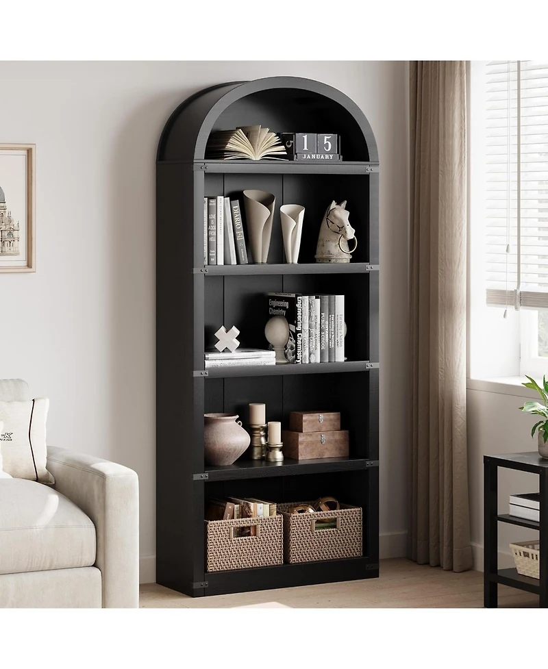 gaomon 71" Tall 5-Shelf Arched Bookcase – Farmhouse Wooden Bookshelf with Display Storage Rack, Freestanding for Home Office, Liv