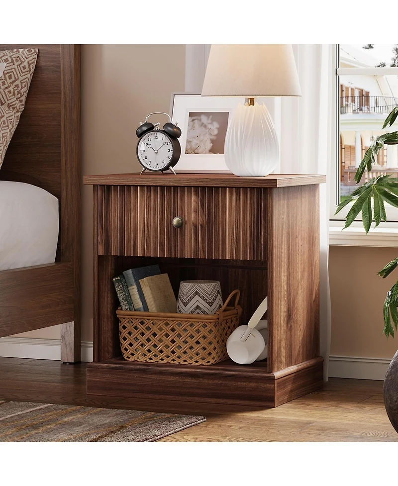 gaomon Fluted Nightstand with Drawer, Mid Century Modern Bedside Table Open Shelf, Storage