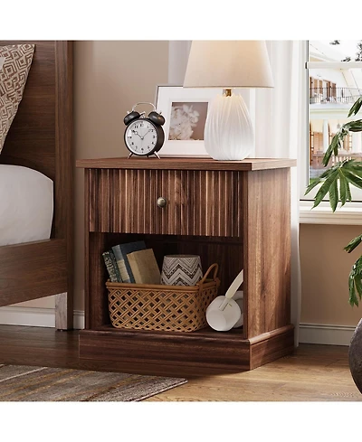 gaomon Fluted Nightstand with Drawer, Mid Century Modern Bedside Table Open Shelf, Storage