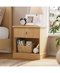 gaomon Fluted Nightstand with Drawer, Mid Century Modern Bedside Table with Open Shelf, Nightstand with Storage