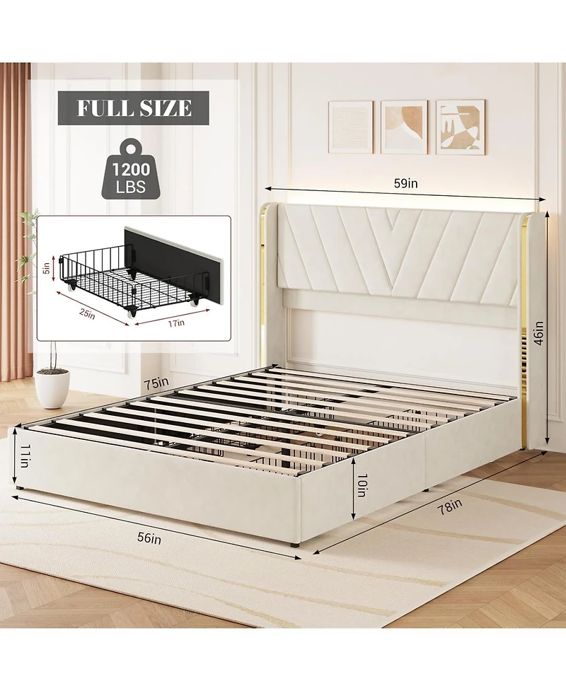 Gaomon Full Upholstered Led Bed Frame with 4 Storage Drawers, Full Size Bed Frame with Rgb Led Lights, Velvet Platform Bed Frame with Wingback