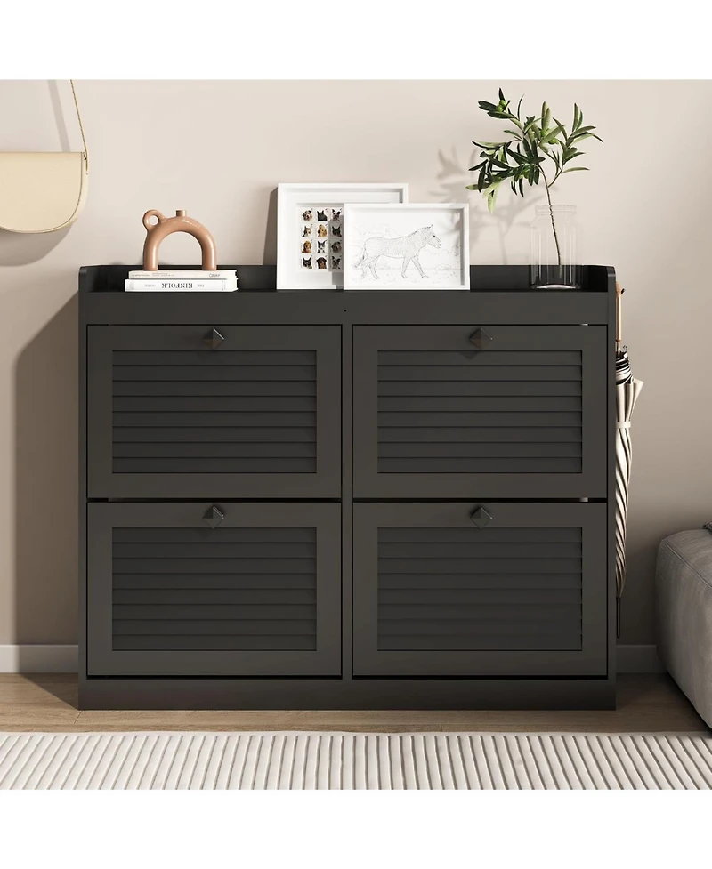 Gaomon Large shoe cabinet with 4 flip drawers and wooden legs; a narrow, freestanding hidden shoe organizer ideal for entryways, hallways, or bedrooms