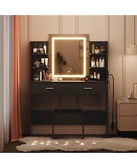 gaomon Vanity Desk with Lighted Mirror, Makeup Vanity Set with Power Outlet, Cushioned Stool, 6 Storage Shelves and 2 Large Drawers