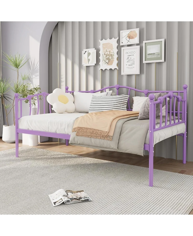 Twin Size Daybed Frame, Metal Platform Sofa Bed with Stylish Headboard, Heavy Duty Steel Slat Support