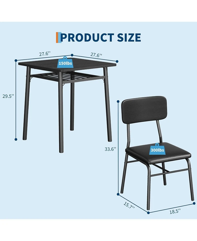 gaomon Dining Table for 2 with Storage Rack Small Kitchen Table for 2 with Metal Square Table with Upholstered Chairs Set of 2 3-Piece Dining Room Set