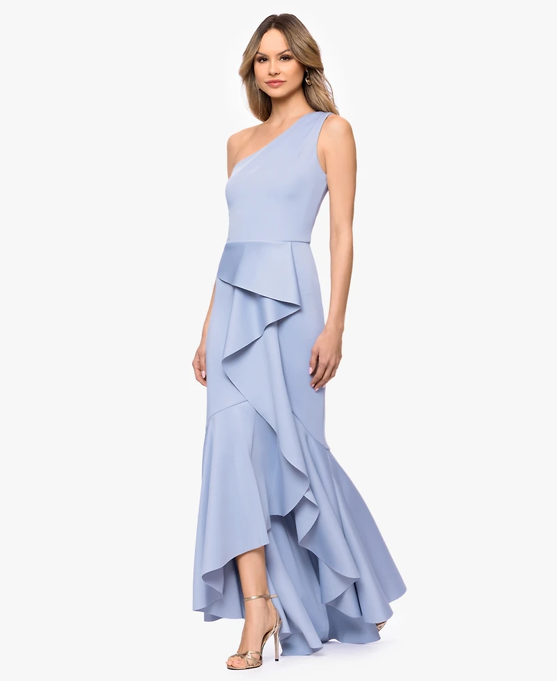 Betsy & Adam Women's One-Shoulder Ruffle Detail Gown