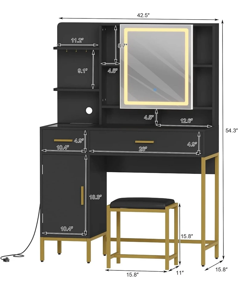 gaomon Vanity Desk with Lighted Mirror and Power Outlet - Makeup Table with 2 Drawers