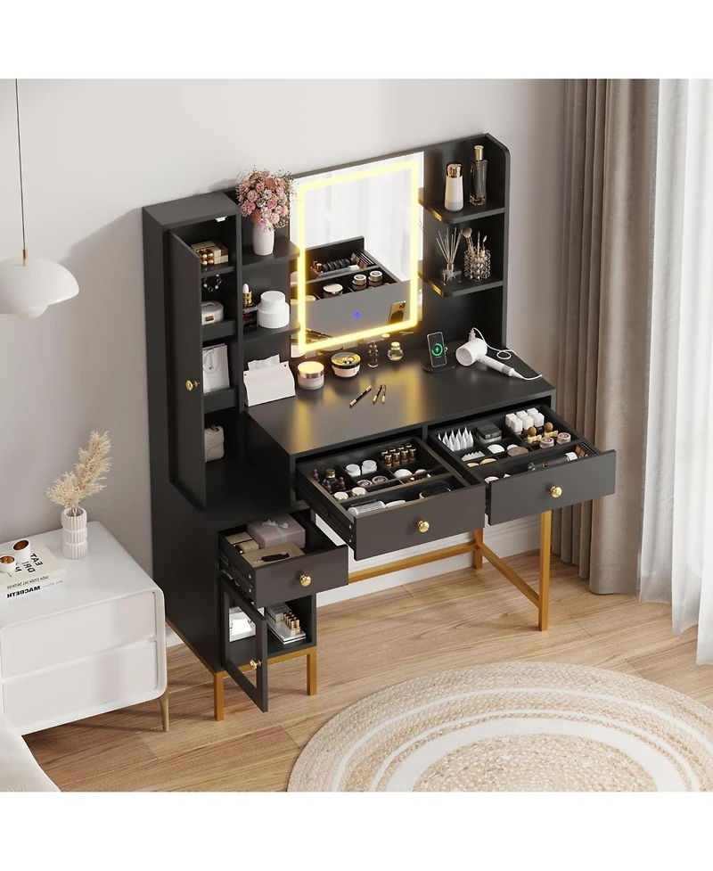 gaomon Makeup Vanity Desk with 3 Color Led Mirror - Dressing Table with Power Outlet - Vanity Table with 3 Drawers