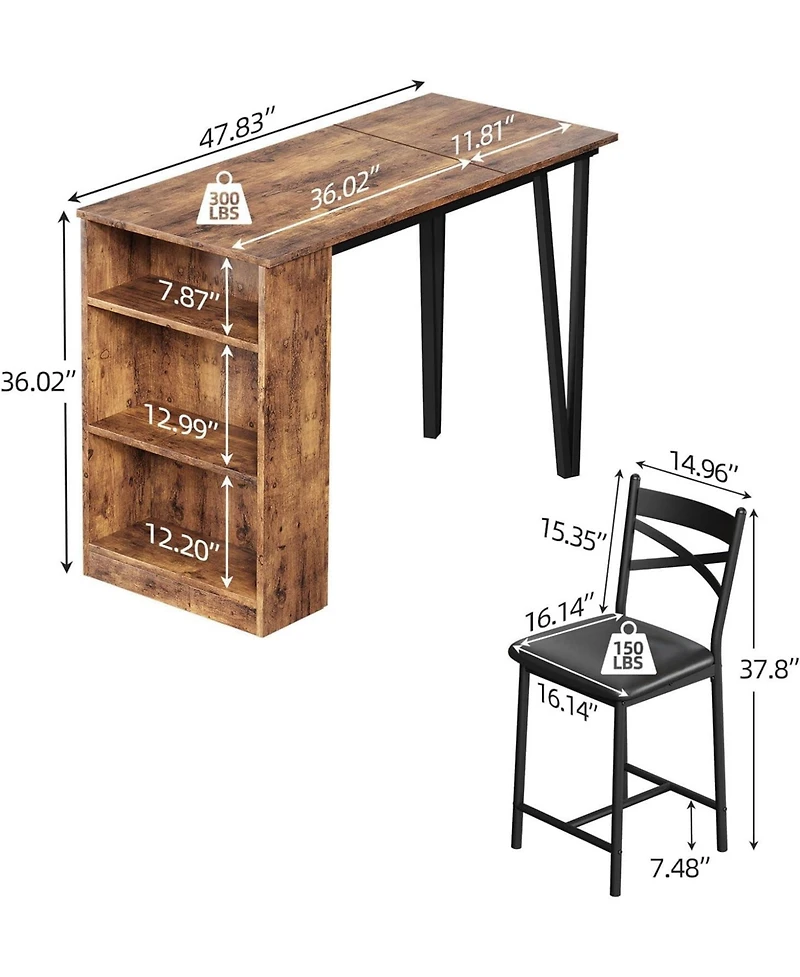 gaomon Bar Table Set of 2 Cushioned Chairs with 3 Storage Shelves Extendable Dining Table