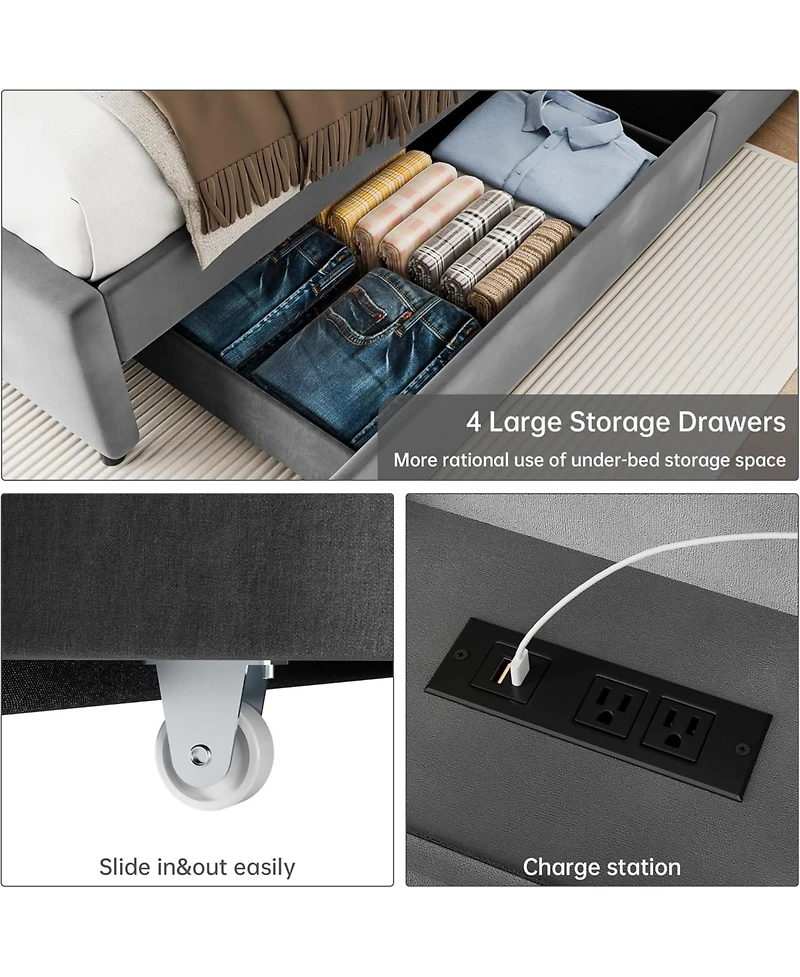 gaomon Queen Bed Frame with 4 Storage Drawers & Charging Station, Velvet Upholstered Platform Bed Frame with Storage Headboard, No Box Spring Needed