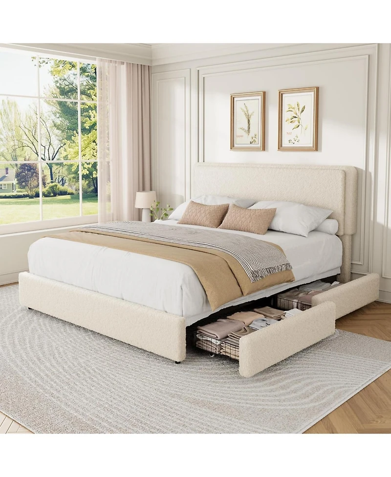 gaomon Full Teddy Fleece Bed Frame with 2 Drawers, Upholstered Platform, Adjustable Headboard