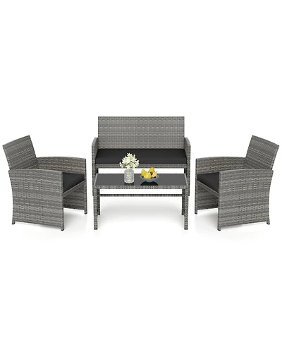 Gymax Piece Patio Furniture Set Outdoor Wicker Conversation w/ Tempered Glass Coffee Table