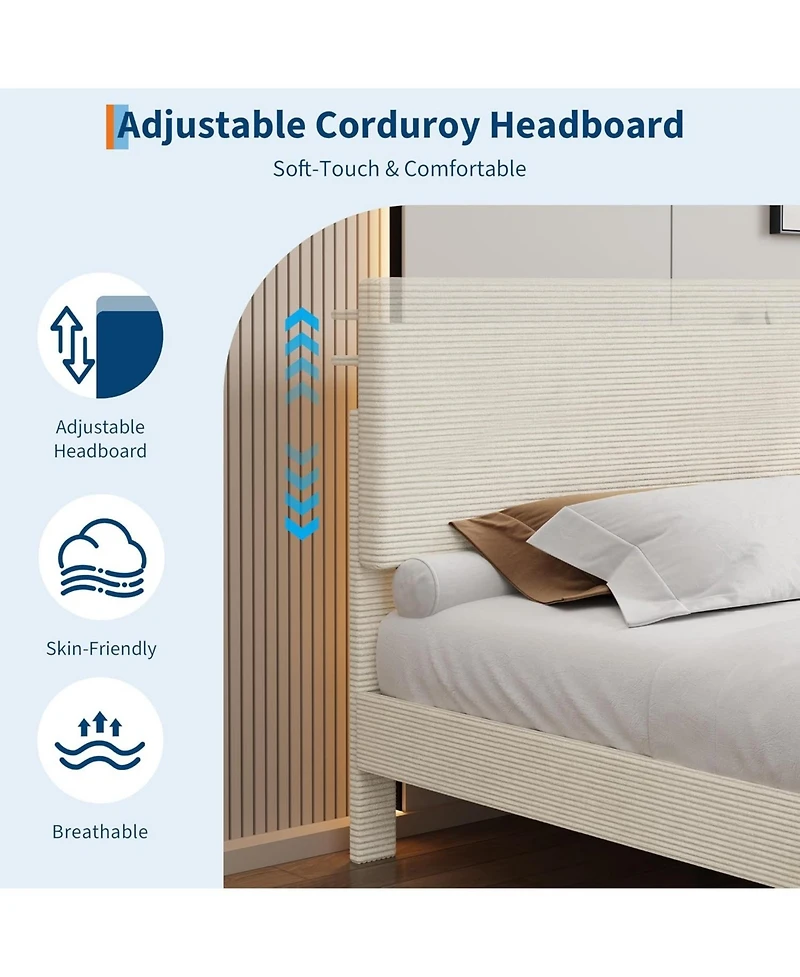 gaomon King Bed Frame with Usb Charging Station, Corduroy Upholstered Platform Bed with Adjustable Storage Headboard and Wooden Slat Support