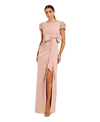 Mac Duggal Women's Beaded Cap Sleeve Crepe Gown With Bow and Slit