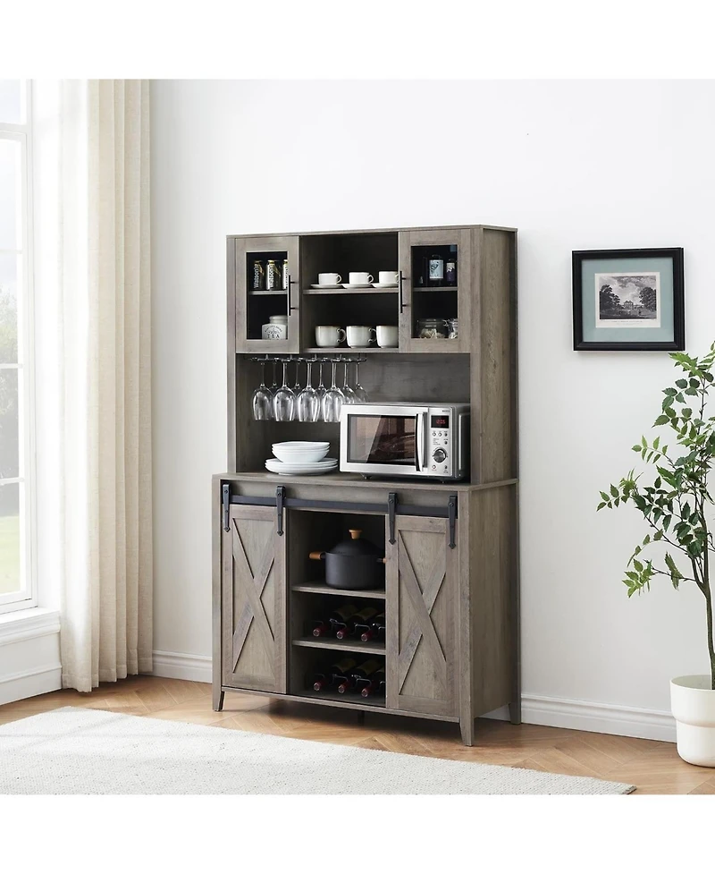 gaomon 70" Tall Farmhouse Coffee Bar Cabinet with Sliding Barn Door Ample Storage Buffet with 7 Adjustable Shelves Wine Rack and Glass Holder.