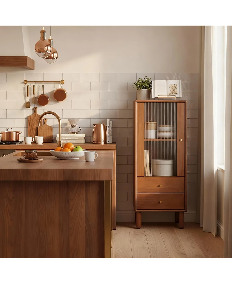 Yigii Solid Wood Cabinet with Glass Doors & Drawers for Living Room