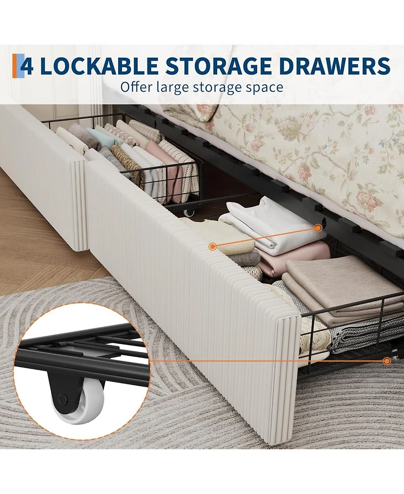 gaomon Bed Frame with Storage Drawers, Corduroy Upholstered Platform with Wingback, Tufted Headboard and Footboard, No Box Spring Needed