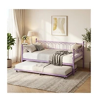 gaomon Twin Daybed with Trundle, Metal Sofa Bed Frame with Charging Station & Led Lights, Pull-Out Trundle for Bedroom, Guest Room, Small Spaces