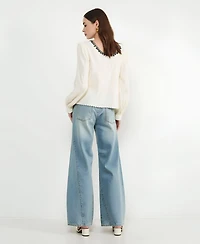 Draft - Modenaire Women's Embroidered Blouse with Velvet Bow and Scalloped Hem