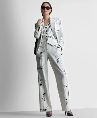 Dkny Womens Pinstripe Single Button Blazer Pinstripe V Neck Sleeveless Vest Pinstripe Floral Mid Rise Flared Pants
