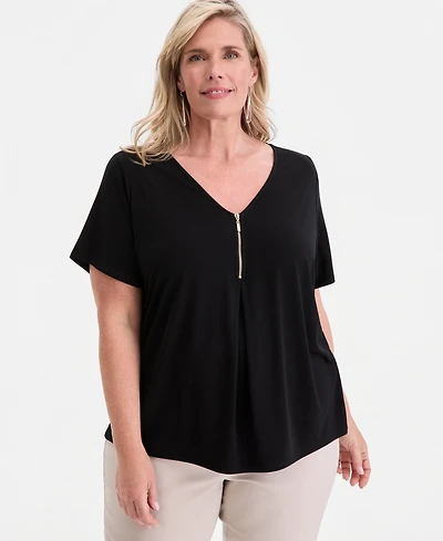Jm Collection Plus Zippered V-Neck Top