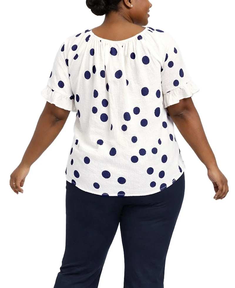 Coin 1804 Plus Polka Dot Crinkle Knit Button-Front Ruffle Sleeve Top
