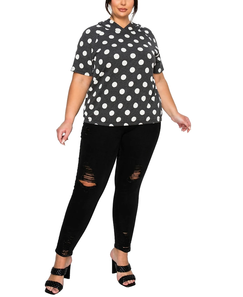 Coin 1804 Plus Polka Dot Double Knit Hoodie Short Sleeve Elastic Hem Top