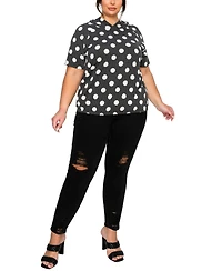 Coin 1804 Plus Polka Dot Double Knit Hoodie Short Sleeve Elastic Hem Top