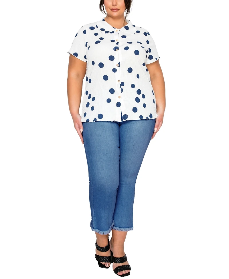 Coin 1804 Plus Size Polka Dot Crinkle Knit Button Short-Sleeve Button Shirt