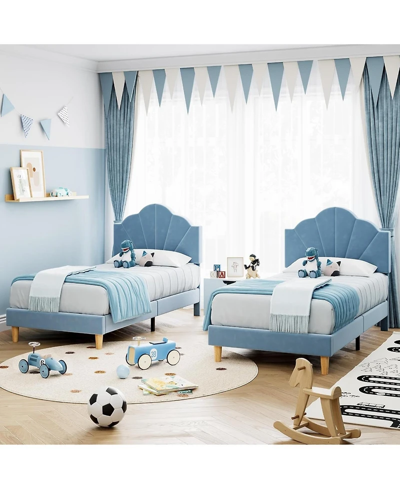 gaomon Twin Bed Frame with Shell Headboard, Velvet Upholstered Adjustable Girl Platform Strong Wood Slat Support