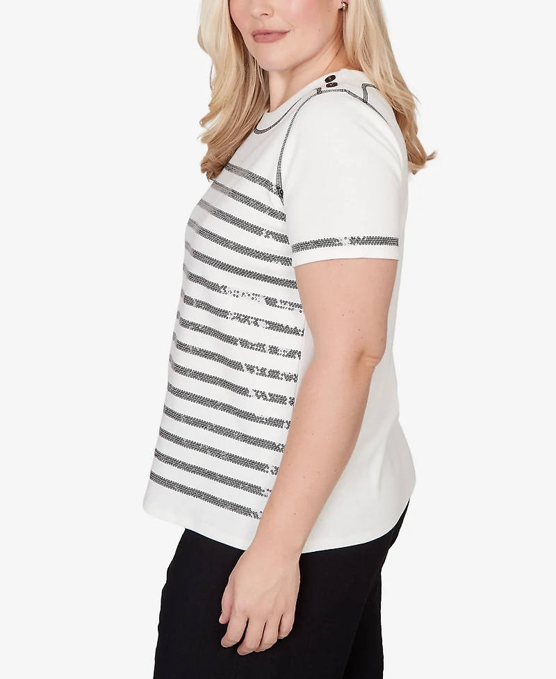 Alfred Dunner Petite Crowd Pleaser Biadere Sequin Stripes T-shirt