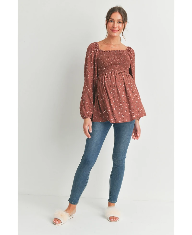 Hello Miz Maternity Smocked Square-Neck Floral Blouse