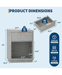 gaomon Fluted Nightstand with Charging Station, Mid Century Modern Fluted Nightstand, Wooden Night Stand