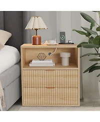 Gaomon Fluted Farmhouse Night Stand with Charging Station, 23" Mid-Century Modern Nightstand, 2 Drawers End Table, Wood/2PCS