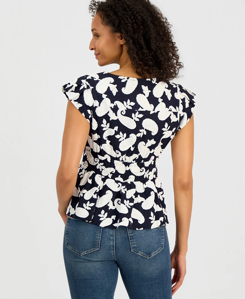 Nautica Women's Bubble-Sleeve Paisley-Print Peplum Top